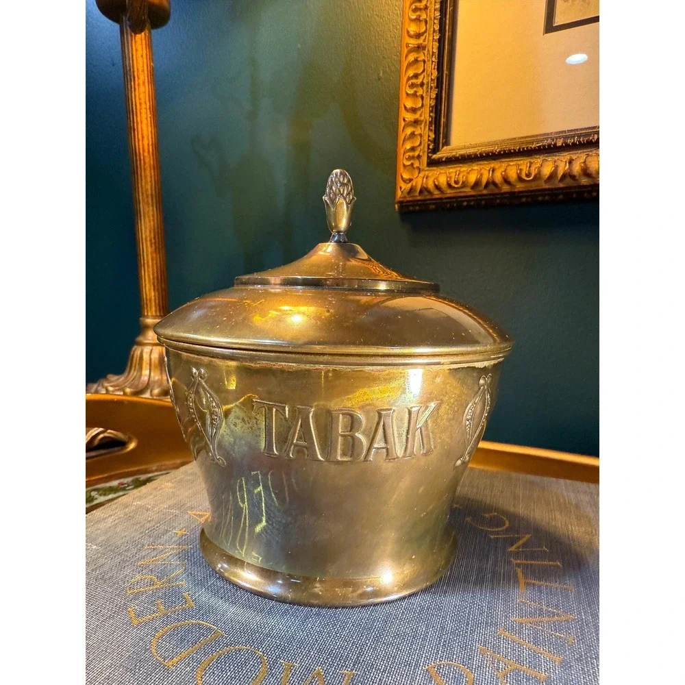 Vintage Brass Tabak Tobacco Jar with‎ Lid European Brass Canister 6 Inch